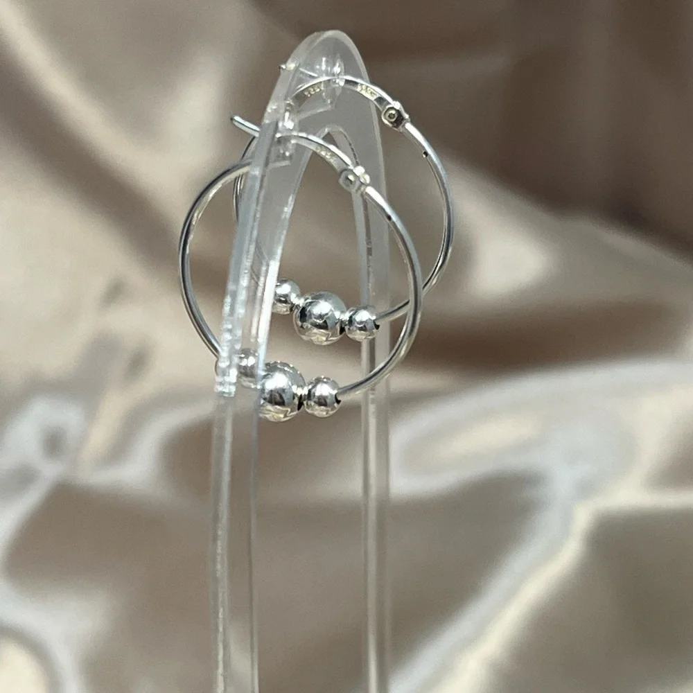 Sterling Silver Three 3 Ball Bead Hoop Earrings Classic Everyday Hoops - Picture 6 of 8